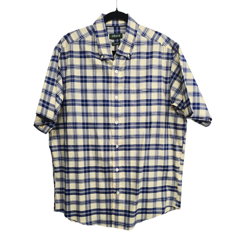Orvis Classic Fit Plaid Shirt Men's L Blue Yellow Preppy Coastal Grandpa Outdoor